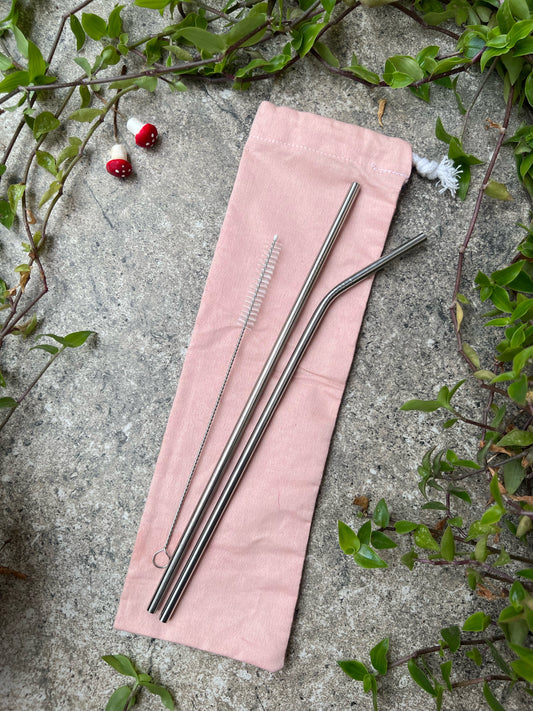 Reusable Steel Straws Set with Straw Cleaner + Upcycled Pouch